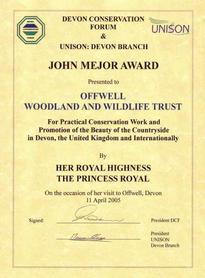 The John Mejor Award presented to Offwell Woodland & Wildlife Trust.