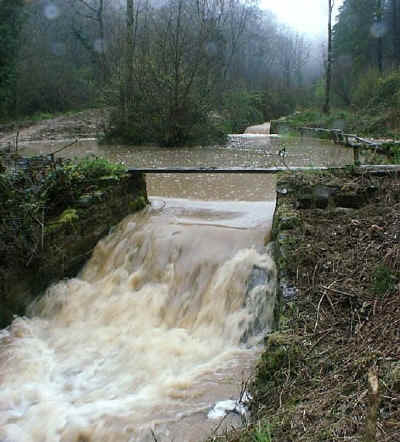 Silt-laden, muddy flood water pours into and then exits a pond.